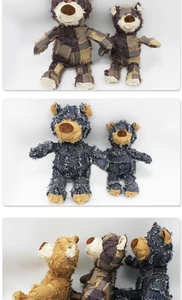 Detailed view of patchwork texture and different sizes of plush squeaky dog toys