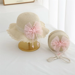 Straw sun hat and matching round purse set for girls with pink tulle bow and bunny detail
