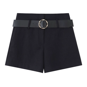 Women's high-waisted black shorts with a synthetic leather belt and gold buckle