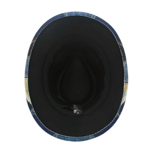 Kids vintage denim patchwork cowboy hat with black lining and adjustable drawstring