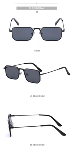 Detailed front and side views of black gray square metal sunglasses with thin temples