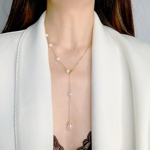 Elegant gold Y-shaped adjustable long necklace with white freshwater pearls for women