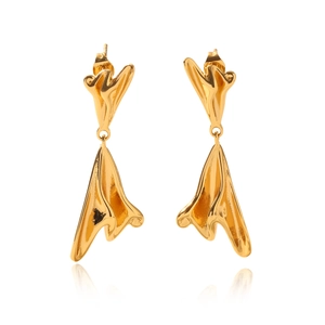 Close-up of abstract fluid style 18k gold plated stainless steel earrings with reflections