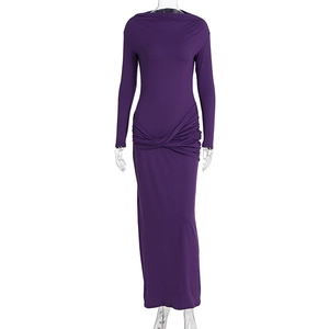 Detail of deep purple long sleeve bodycon dress with crossed pleated waist and cowl neck