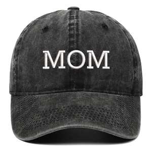 Vintage washed charcoal cotton baseball cap with white MOM embroidery in a casual style