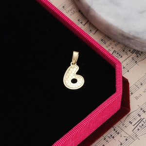 Detail of gold number 6 pendant with honeycomb texture in a red velvet jewelry box