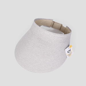 Close-up of UV care tag and adjustable buckle on grey straw sun visor hat