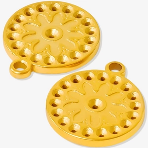 Golden 304 stainless steel round pendant with floral relief and hollow edge detailing