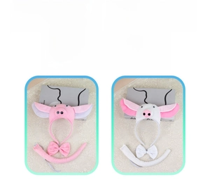 Pink and white plush pig ear headbands with matching bow ties and curly tails