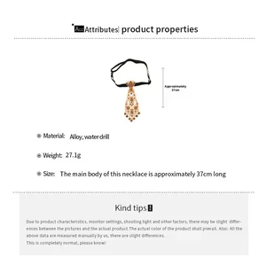 Detailed view of vintage alloy tie-style necklace with water drill inlays and size info