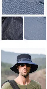 Detail of outdoor sun hat featuring breathable polyester mesh lining and windproof cord