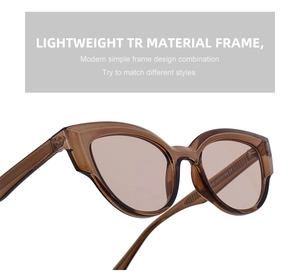 Detail of transparent brown cat-eye sunglasses frame showing TR material and durable hinges