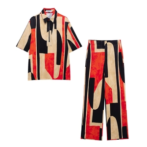 Abstract Geometric Print Women Pants Outfit Half Zip Short Sleeve Shirt And Long Trousers Casual Polyester Woven Style