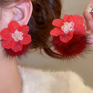 Red Acrylic Flower Faux Fur Ball Stud Earrings With 925 Sterling Silver Earring Post Elegant Winter Jewelry For Women