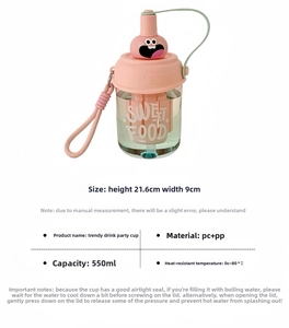 Pink 550ml water bottle detail showing PC material and size measurements 21.6x9cm