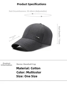 Detail view of cotton baseball cap showing 8cm brim and adjustable 55-60cm size spec