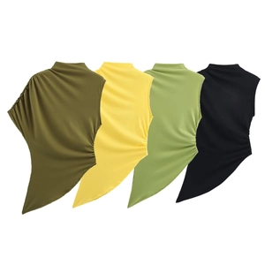 T-Shirt Senza Maniche Da Donna Collo Alto Orlo Arricciato Asimmetrico Tinta Unita Poliestere Streetwear Top