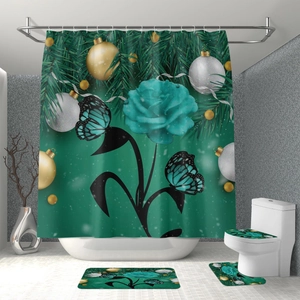 Waterproof polyester bathroom set with green roses and Christmas butterfly patterns