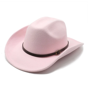 Pink wool felt fedora hat detail with brown leather strap and metal buckle accent
