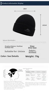 Size chart showing knit beanie specs, head measurements, and embroidered mountain logo