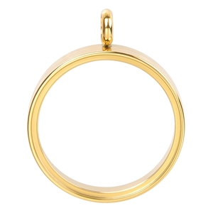 Polished gold round stainless steel glass locket pendant on a clean white background