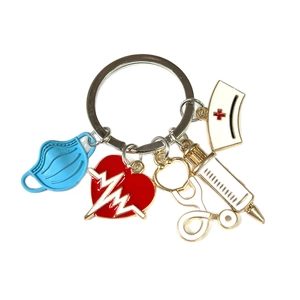 Nurse themed silver keychain featuring enamel heart stethoscope syringe and mask charms