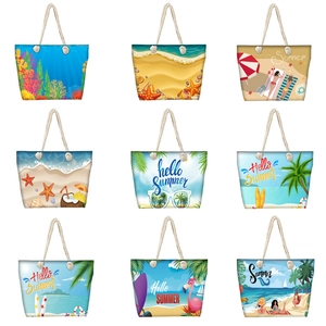 Summer Beach Tote Bag Large Capacity Canvas Polyester With Rope Handle Tropical Print Seaside Travel Vacation Women