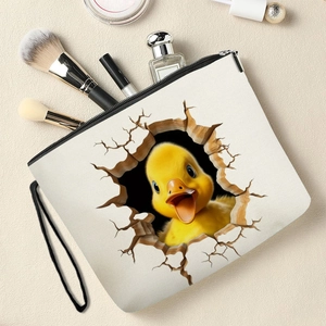 Three Dimensional Yellow Duck Print Makeup Bag Fine Linen Portable Travel Toiletry Pouch With Zipper And Wristlet