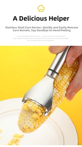 Close-up of a stainless steel corn peeler tool with ergonomic handle in a kitchen setting