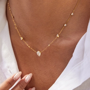 Collier en Acier Inoxydable Plaqué Or 18K avec Zircone Cubique Goutte d'Eau Pendentif Poire Rond Bijoux pour Femmes