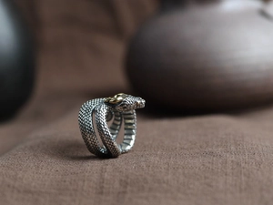 Macro shot of vintage silver snake ring with golden head and detailed scales