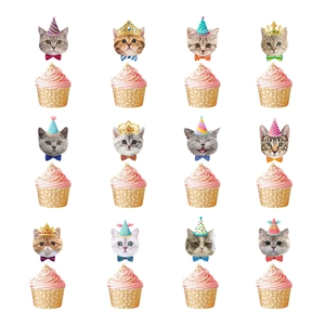 Detailed set of 12 assorted cat face cupcake toppers with party hats and crowns