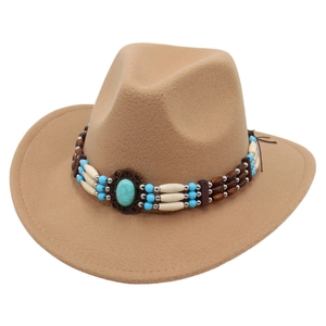 Khaki Western felt cowboy hat featuring turquoise beaded ethnic band on white background