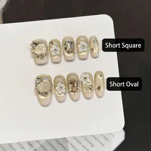 Handmade Press On Nails 3D White Flower Rhinestones Champagne Gold Glitter Glossy False Nails For Women