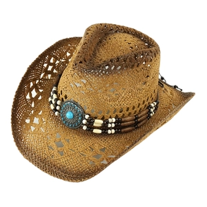 Detail of western straw cowboy hat with turquoise bead band and silver concho accent
