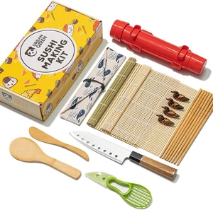 Detailed view of sushi making kit with bamboo mats, sushi bazooka and avocado slicer