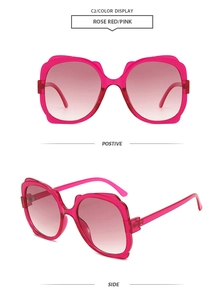 Front and side views of large butterfly frame sunglasses with rose pink gradient lenses