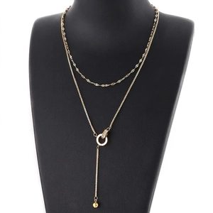 Layered Necklace Stainless Steel Interlocking Circles Rhinestone Clavicle Chain Tassel Ball Pendant Korean Style For Women