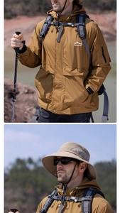 Detail of the ADVENTUIE waterproof outdoor jacket with zipper sleeve and matching sun hat