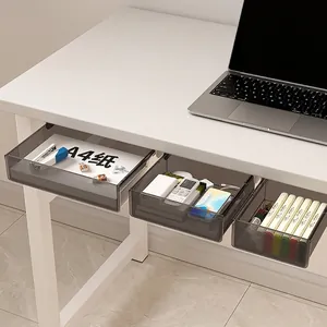 Under-desk hidden drawer organizer in transparent grey with smooth slide-out rails