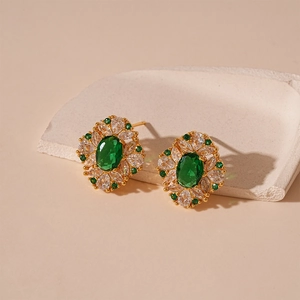 Vintage green zircon stud earrings with gold plating and elegant crystal halo