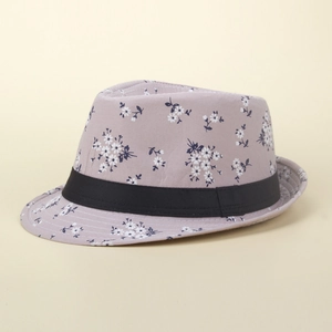 Floral daisy print sun hat for women in lilac cotton with black decorative ribbon