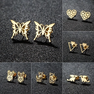 Stainless Steel Hollow Out Animal Earrings Geometric Origami Butterfly Dragon Dog Cat Fashion Studs For Women Jewelry