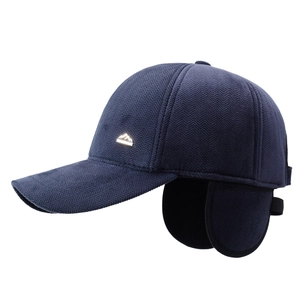 Men's navy blue winter baseball cap with ear flaps and herringbone wool texture
