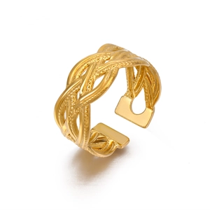 Bague ajustable en acier inoxydable plaqué or 18k avec un design de texture tissée