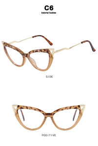 Detail view of cat eye glasses with amber tortoise frame and metal temples from different angles