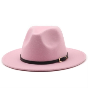 Elegant pink wool fedora hat with a black leather band and golden buckle detail