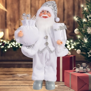 Detail of 12-inch Santa Claus figurine in white and silver suit with festive embroidery