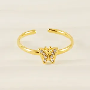 Butterfly Ring 18K Gold Plated Stainless Steel With Zircon Inlaid Adjustable Open Finger Jewelry For Women Fashion