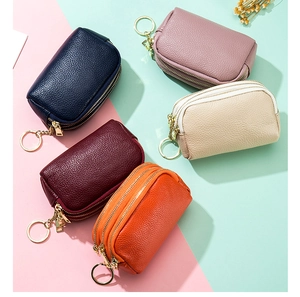 Litchi pattern genuine leather coin purses in five colors with gold keychains and double zippers